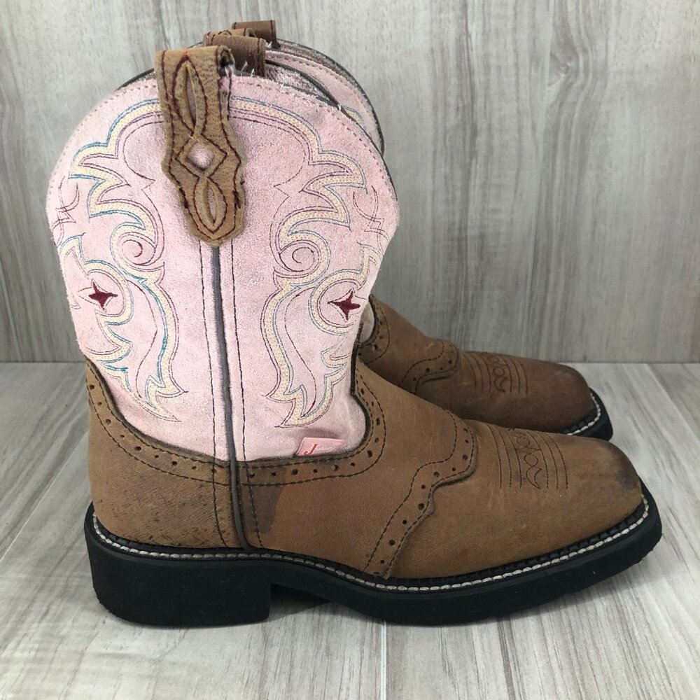Justin Boots Brown Leather Cowboy Boots with Pink Shaft